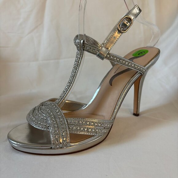 Nina Metallic Silver & Rhinestone High Heel Slingback Sandals Size 9.5M - Picture 2 of 13